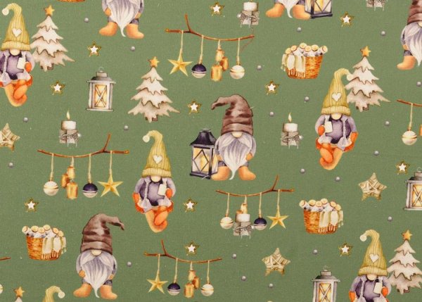 Elves and Laterns green christmas fabric cotton poplin
